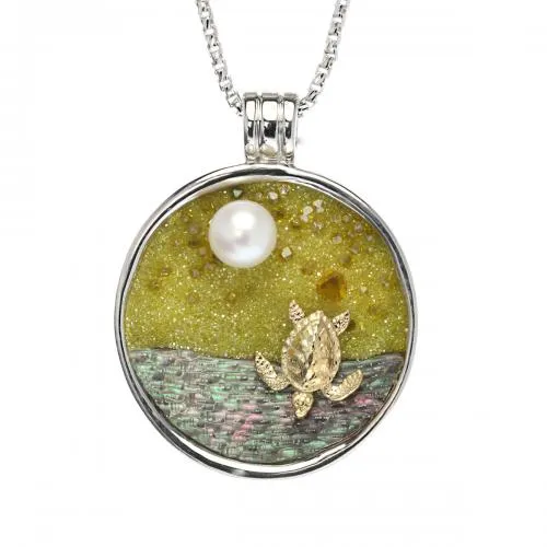 14k & Silver Pond Turtle Pearl Necklace