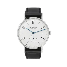 37.5MM NOMOS GLASHUTTE TANGENTE MANUAL WIND WATCH WITH WHITE ARABIC DIAL AND BLACK LEATHER STRAP