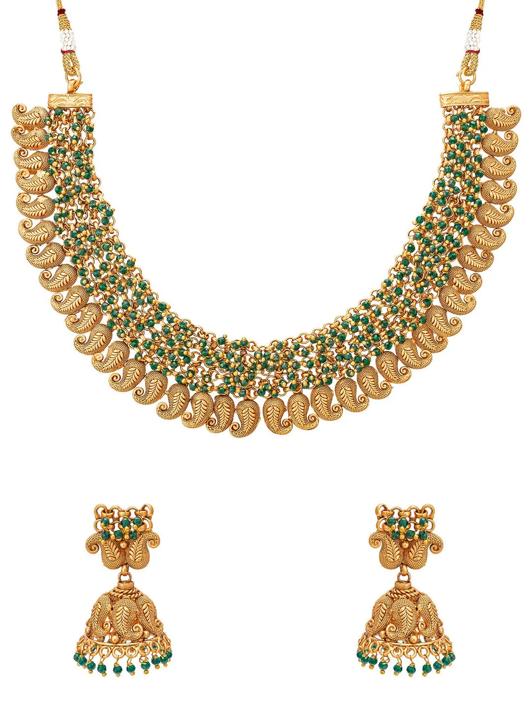 Aadita Gold-Plated Green Pearls Beaded Choker Jewellery Set