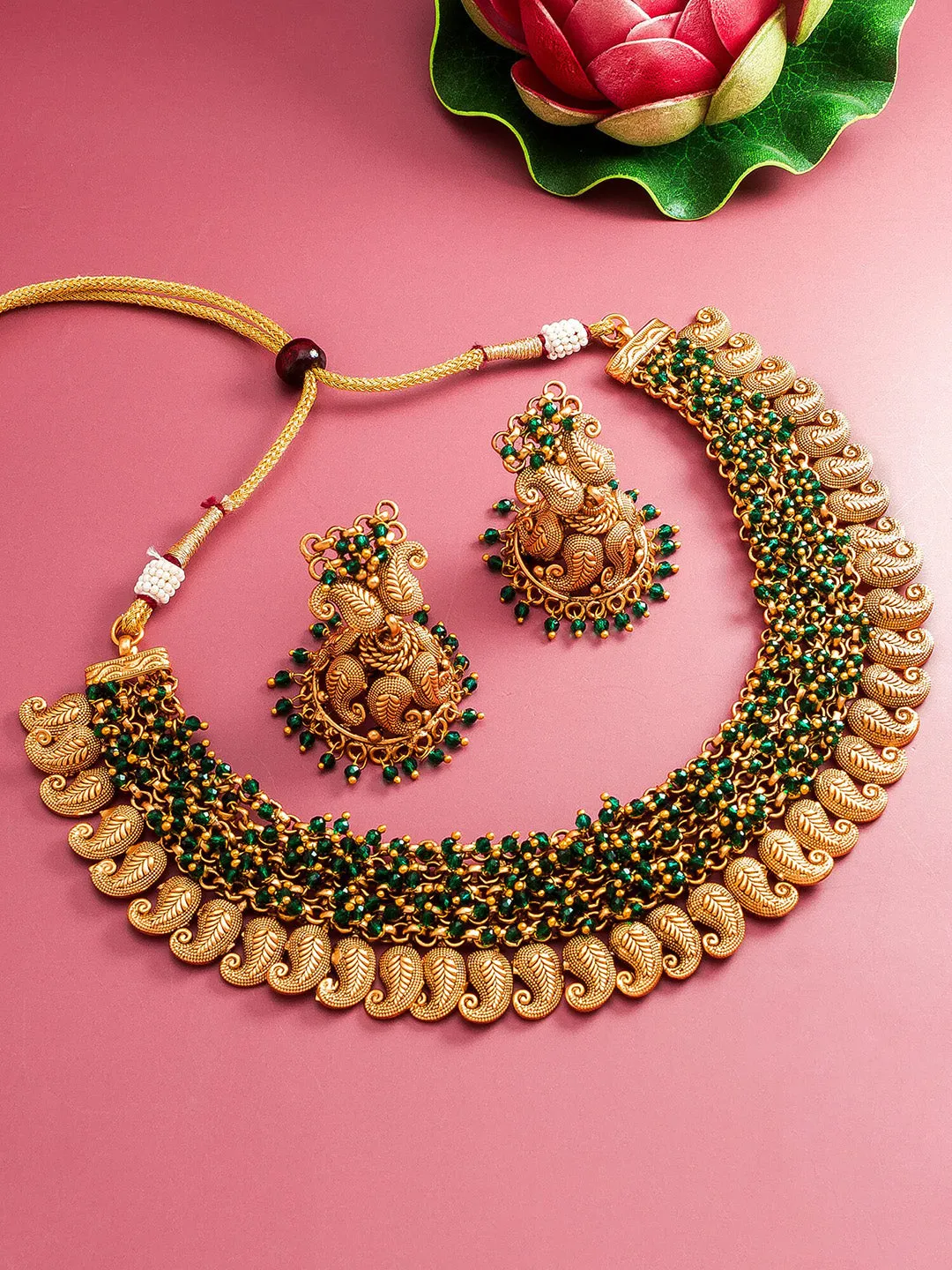 Aadita Gold-Plated Green Pearls Beaded Choker Jewellery Set