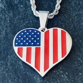 American Flag Heart Red, White & Blue Pendant - Rope Necklace - SLC775 CLEARANCE