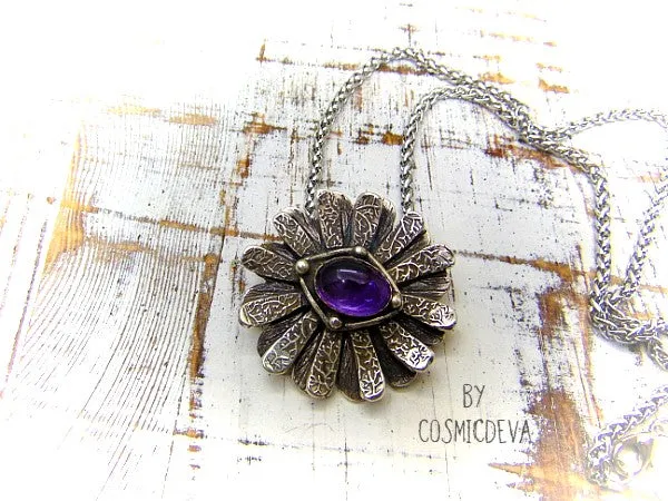 Amethyst Daisy Flower 999 Fine Silver Pendant Necklace