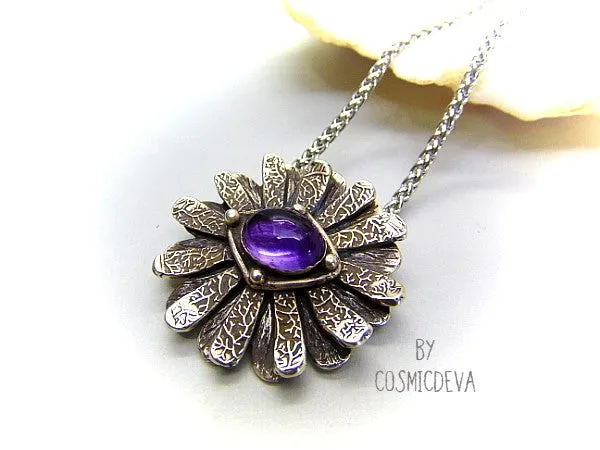 Amethyst Daisy Flower 999 Fine Silver Pendant Necklace