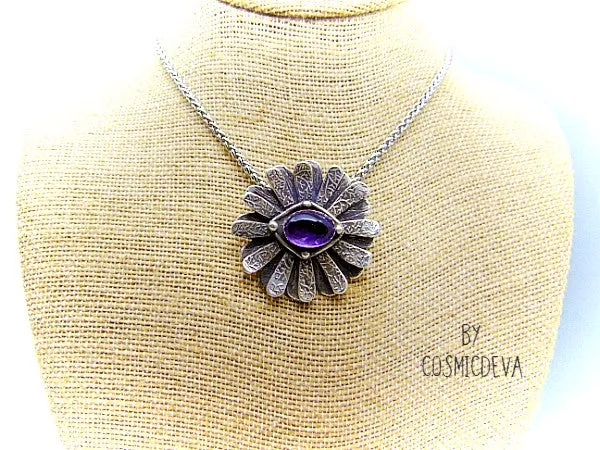 Amethyst Daisy Flower 999 Fine Silver Pendant Necklace