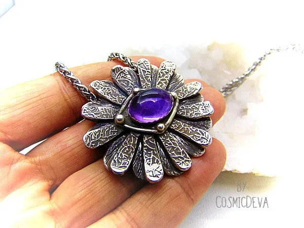 Amethyst Daisy Flower 999 Fine Silver Pendant Necklace