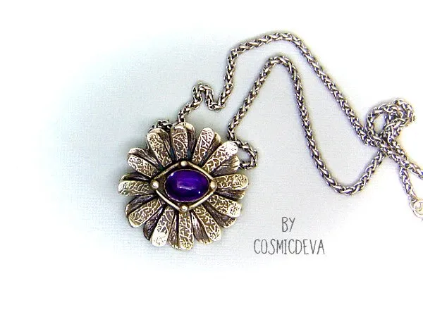 Amethyst Daisy Flower 999 Fine Silver Pendant Necklace