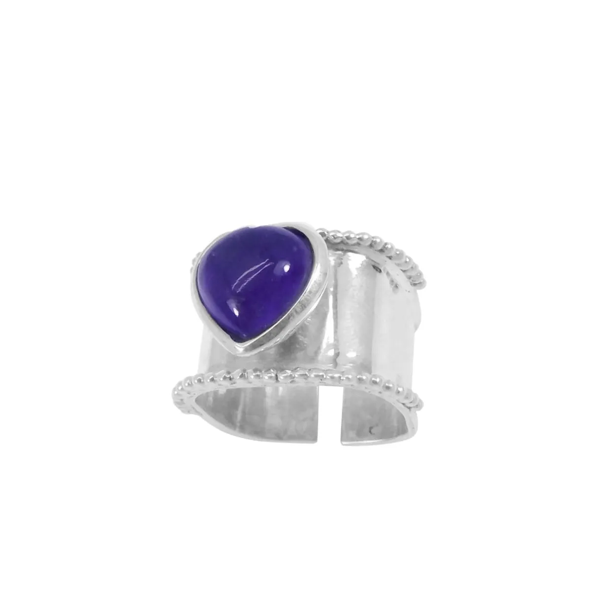 Amethyst Heart Shaped 925 Sterling Silver Wide Band Adjustable Ring