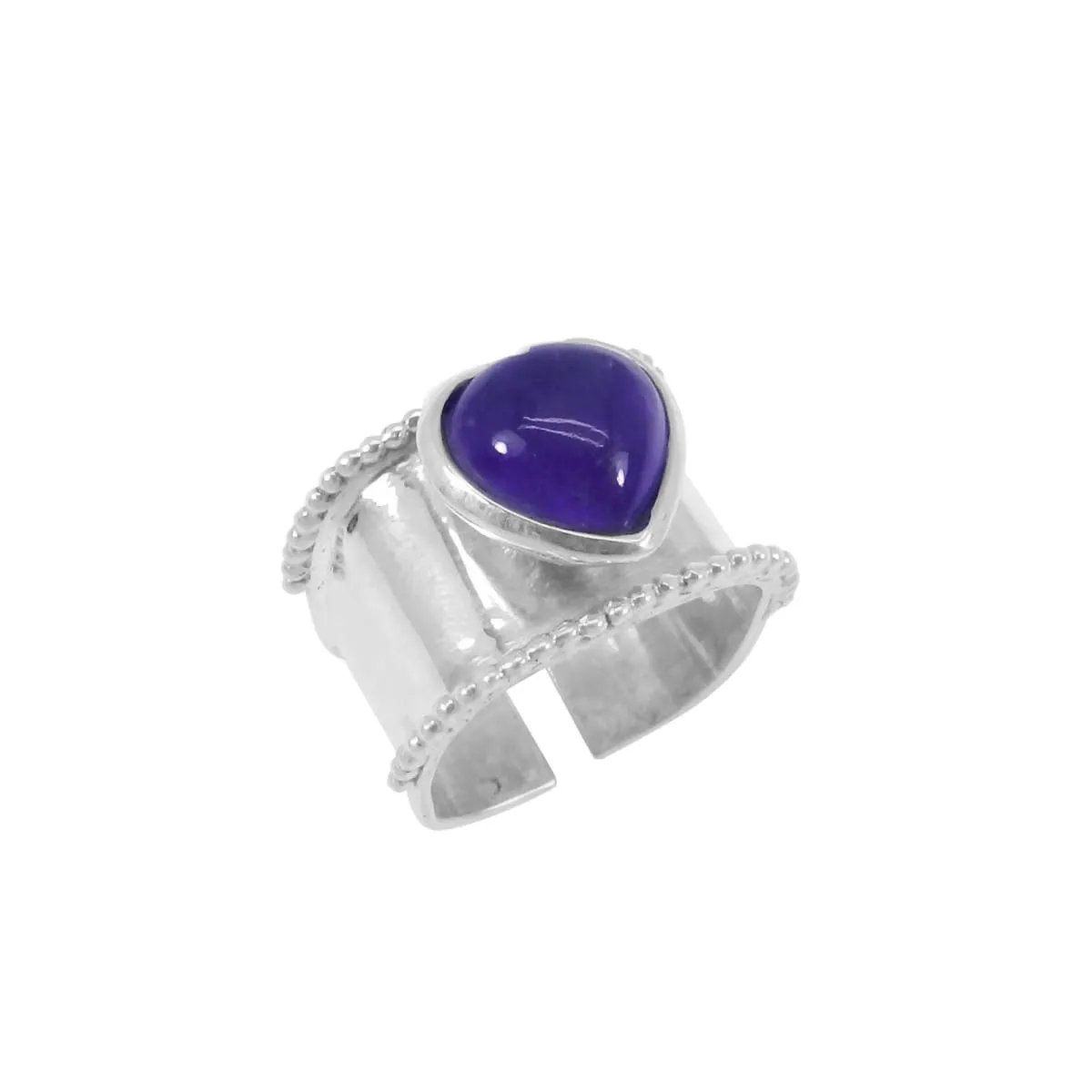 Amethyst Heart Shaped 925 Sterling Silver Wide Band Adjustable Ring