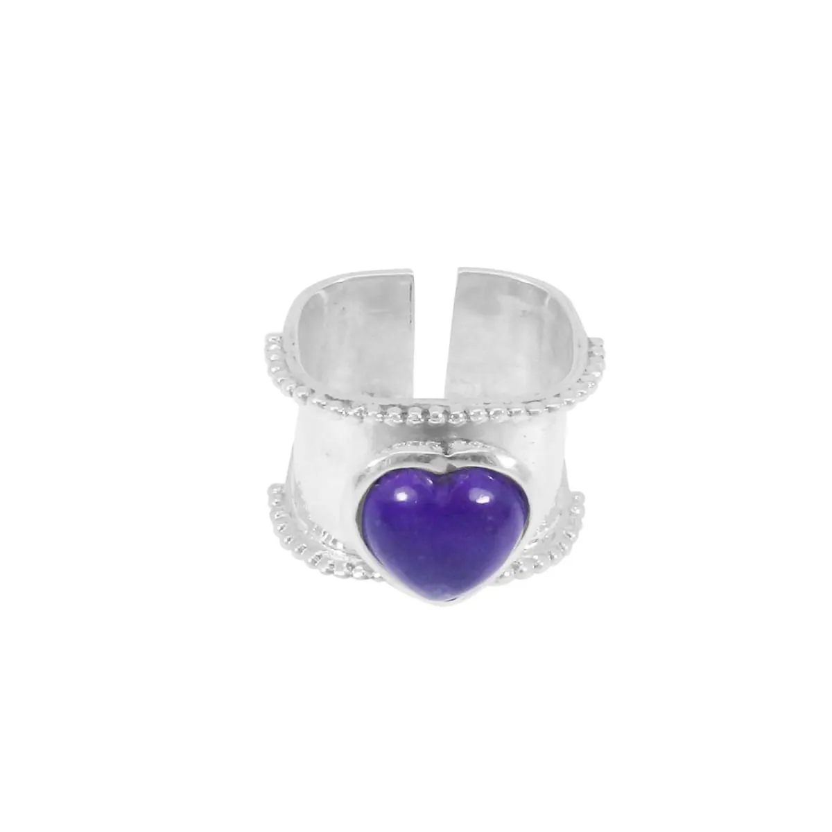 Amethyst Heart Shaped 925 Sterling Silver Wide Band Adjustable Ring