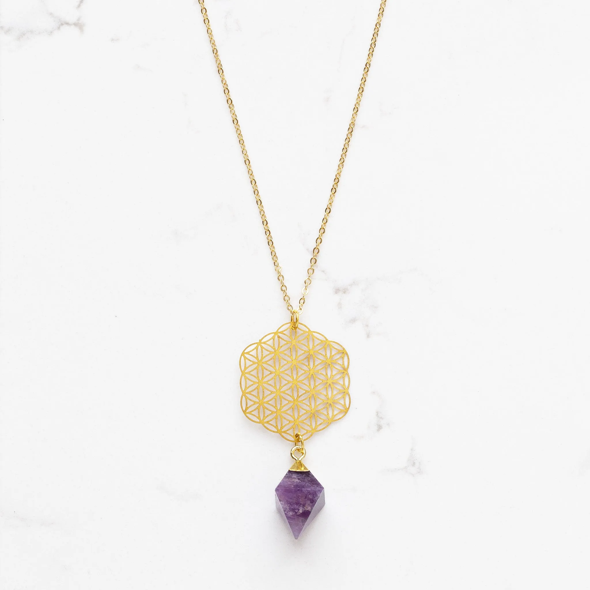 Amethyst Pendulum Flower of Life Necklace