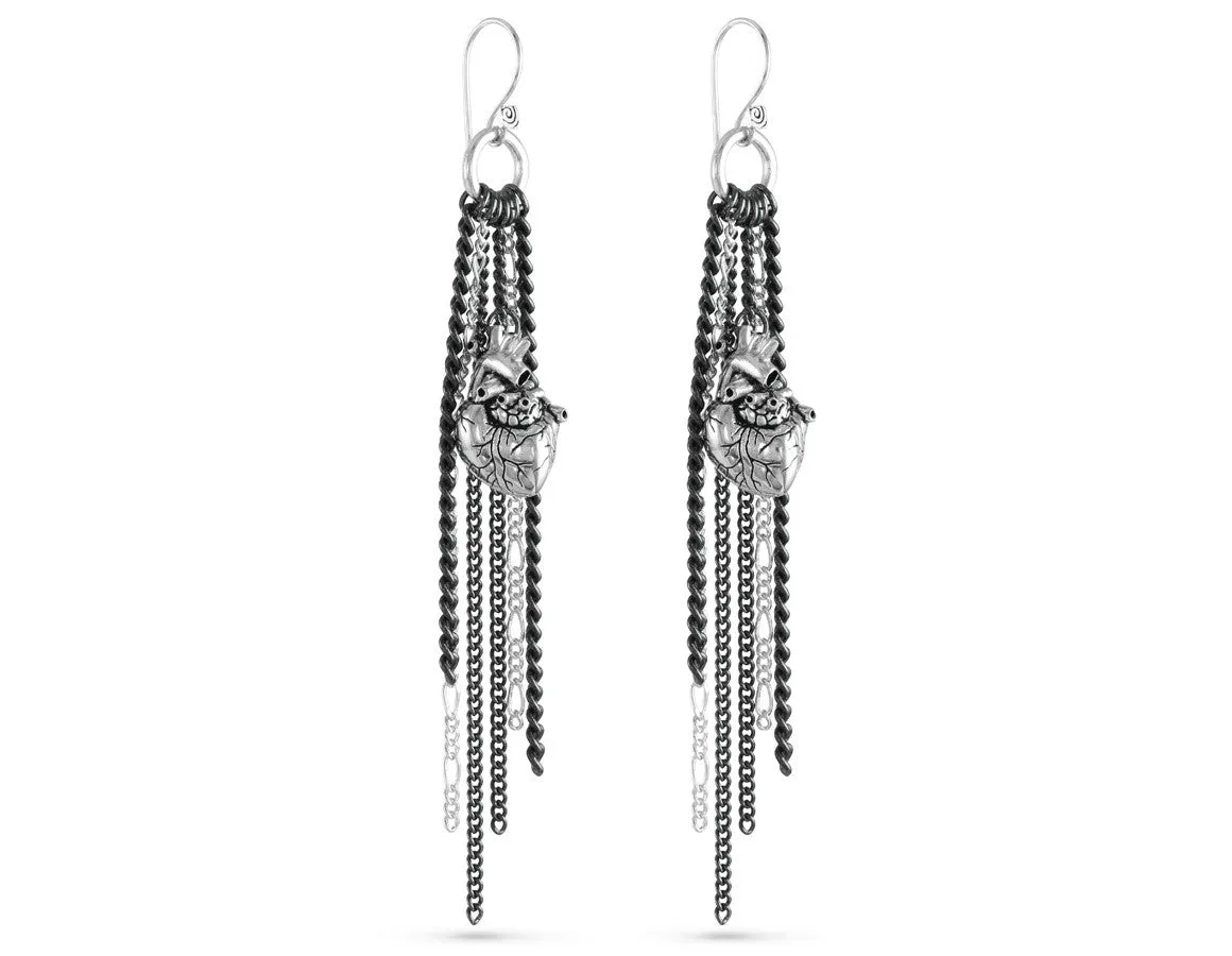 Anatomical Heart Tassel Earrings - Silver