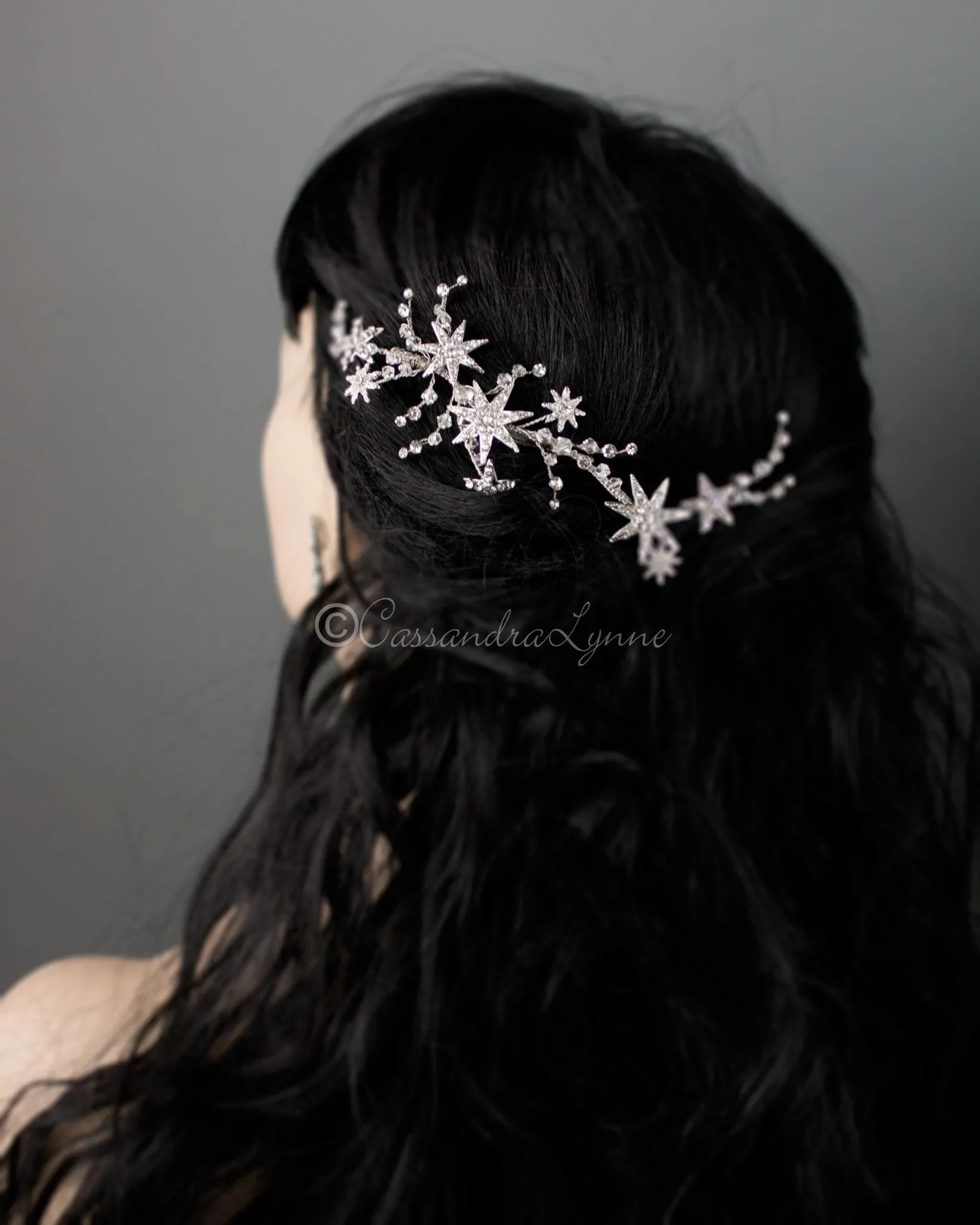 Antique Silver Crystal Stars Hair Clip