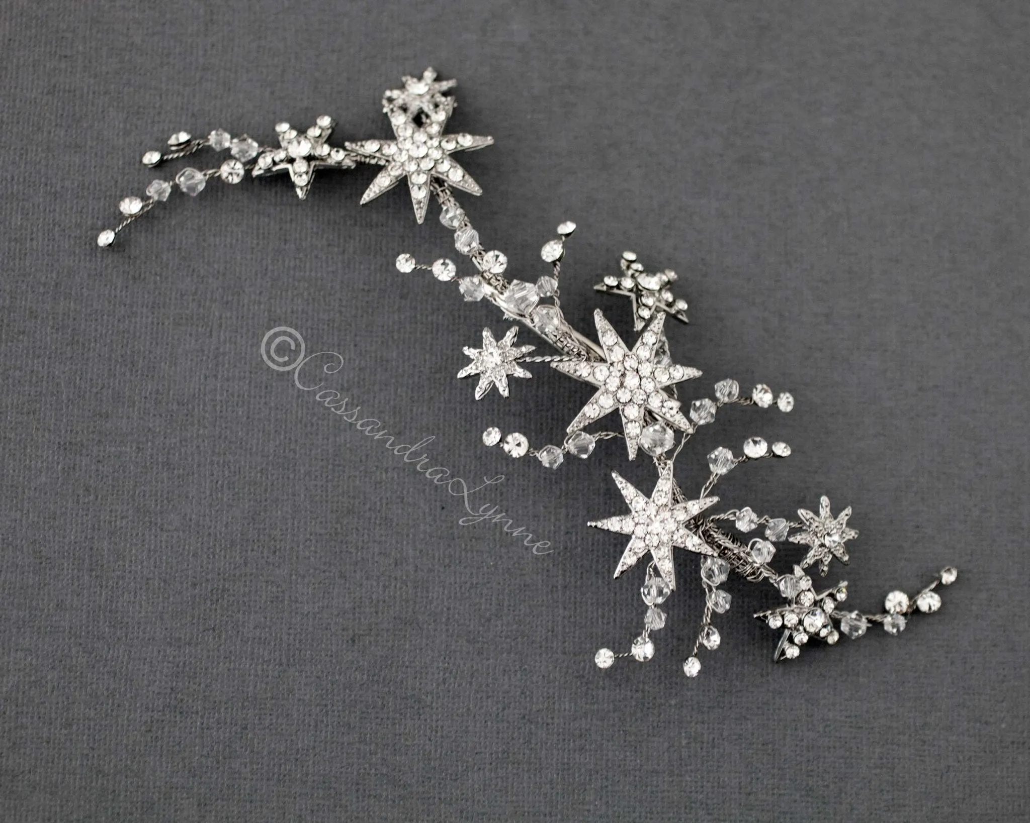 Antique Silver Crystal Stars Hair Clip