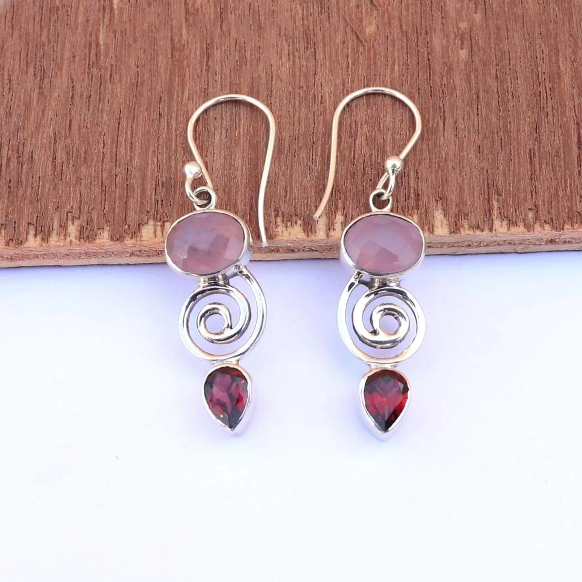 Beautiful 925 Sterling Silver Rose Quartz Or Garnet Handmade Pendant Earrings Set