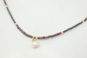 Boho Japanese Seed Bead Choker with Fresh Water Pearl - Raku