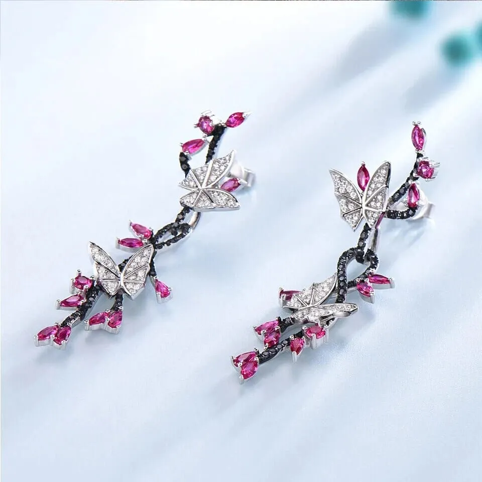 Butterfly Black Spinel Ruby 925 Sterling Silver Earrings