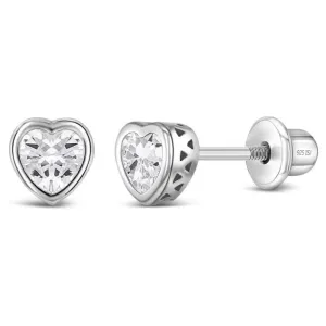 Children's Sterling Silver Heart Shape CZ Earrings - April