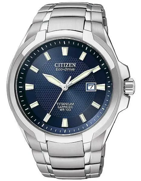 Citizen Eco-Drive Mens Titanium Watch - Blue Dial - Date Window - 100M WR