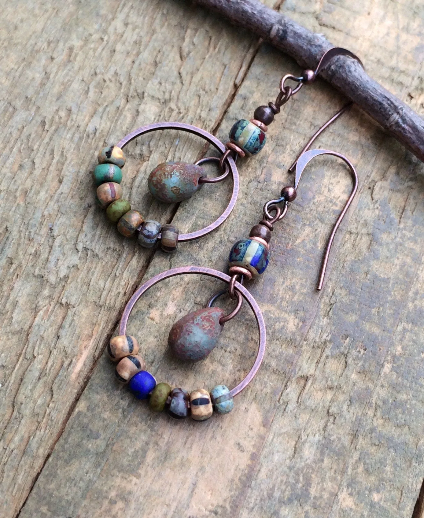 Colorful Glass Earrings, Boho Dangle Earrings, Copper and Glass Drop Earrings