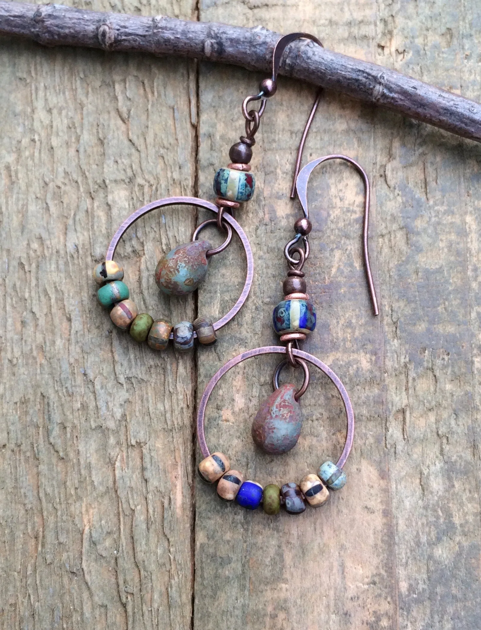 Colorful Glass Earrings, Boho Dangle Earrings, Copper and Glass Drop Earrings