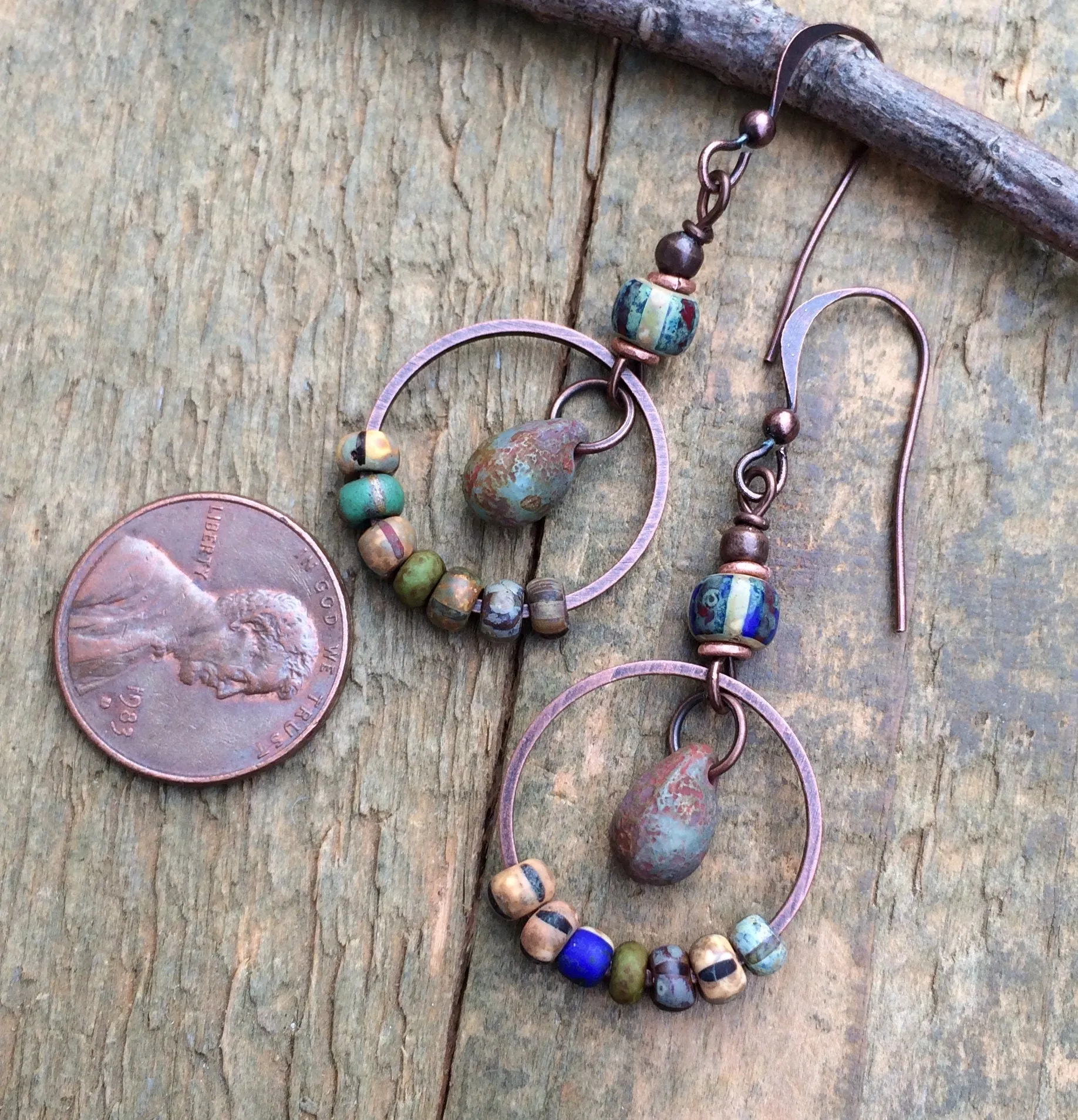 Colorful Glass Earrings, Boho Dangle Earrings, Copper and Glass Drop Earrings