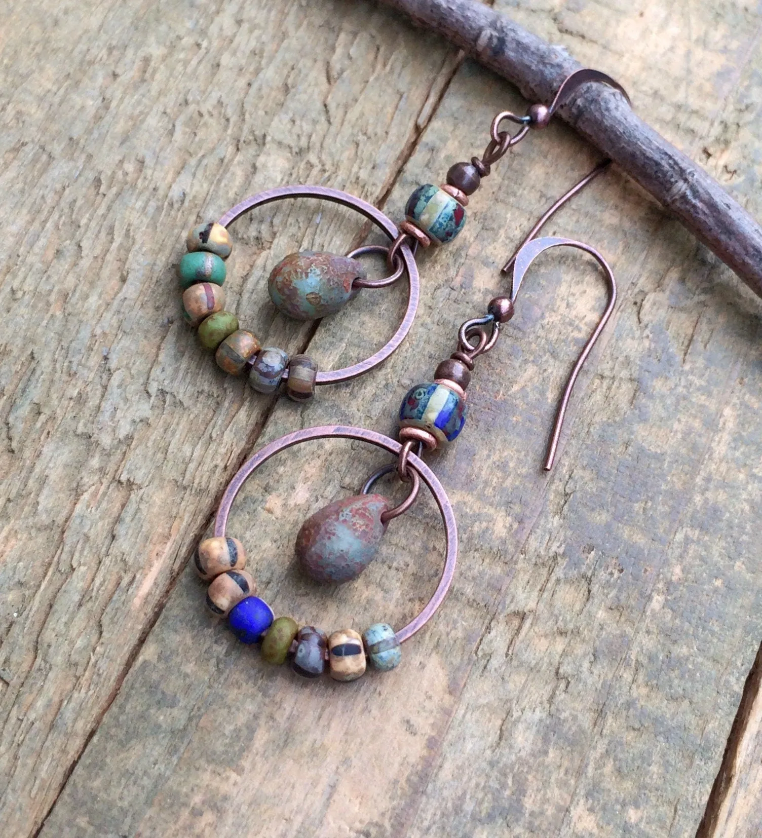 Colorful Glass Earrings, Boho Dangle Earrings, Copper and Glass Drop Earrings