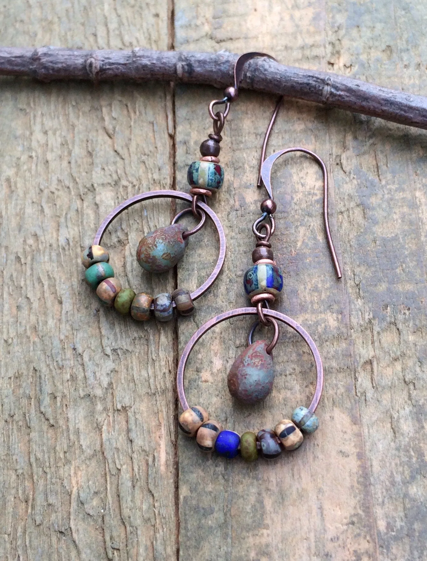 Colorful Glass Earrings, Boho Dangle Earrings, Copper and Glass Drop Earrings