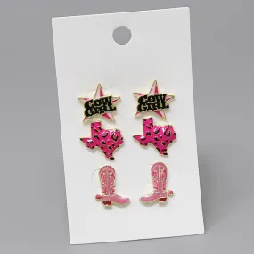 Cowgirl Western Theme Enamel Stud Earring Set