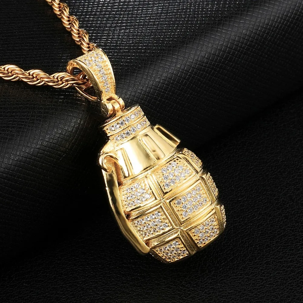 Cubic-Zirconia-Studded Grenade Bling Hip-hop Pendant Necklace