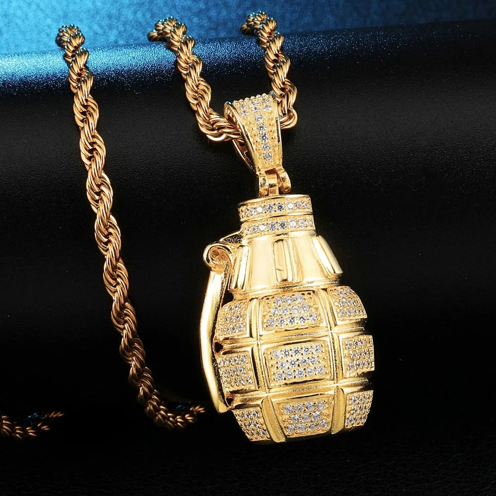 Cubic-Zirconia-Studded Grenade Bling Hip-hop Pendant Necklace