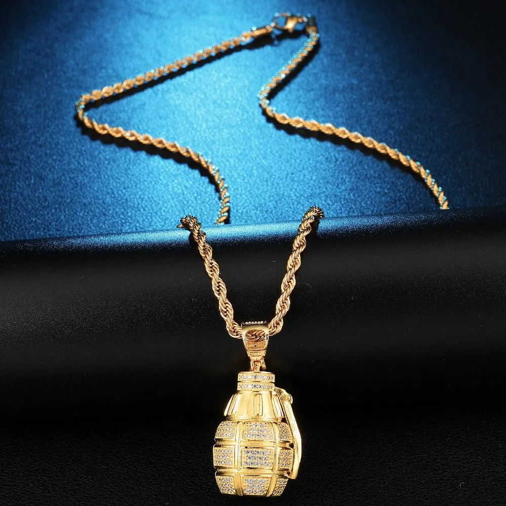 Cubic-Zirconia-Studded Grenade Bling Hip-hop Pendant Necklace