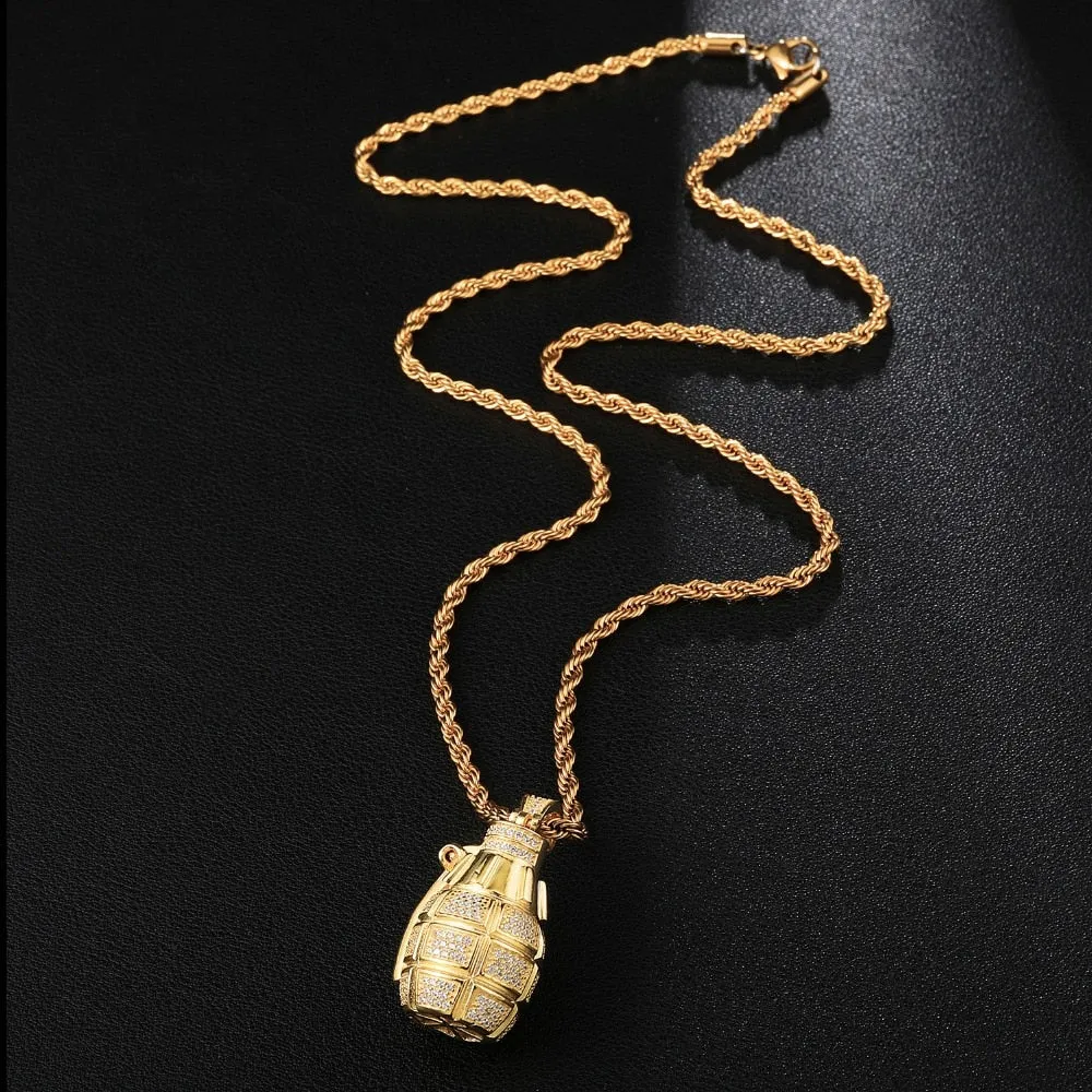 Cubic-Zirconia-Studded Grenade Bling Hip-hop Pendant Necklace