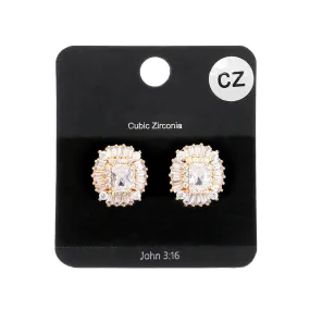 CZ Emerald Cut Stone Centered Evening Stud Earrings