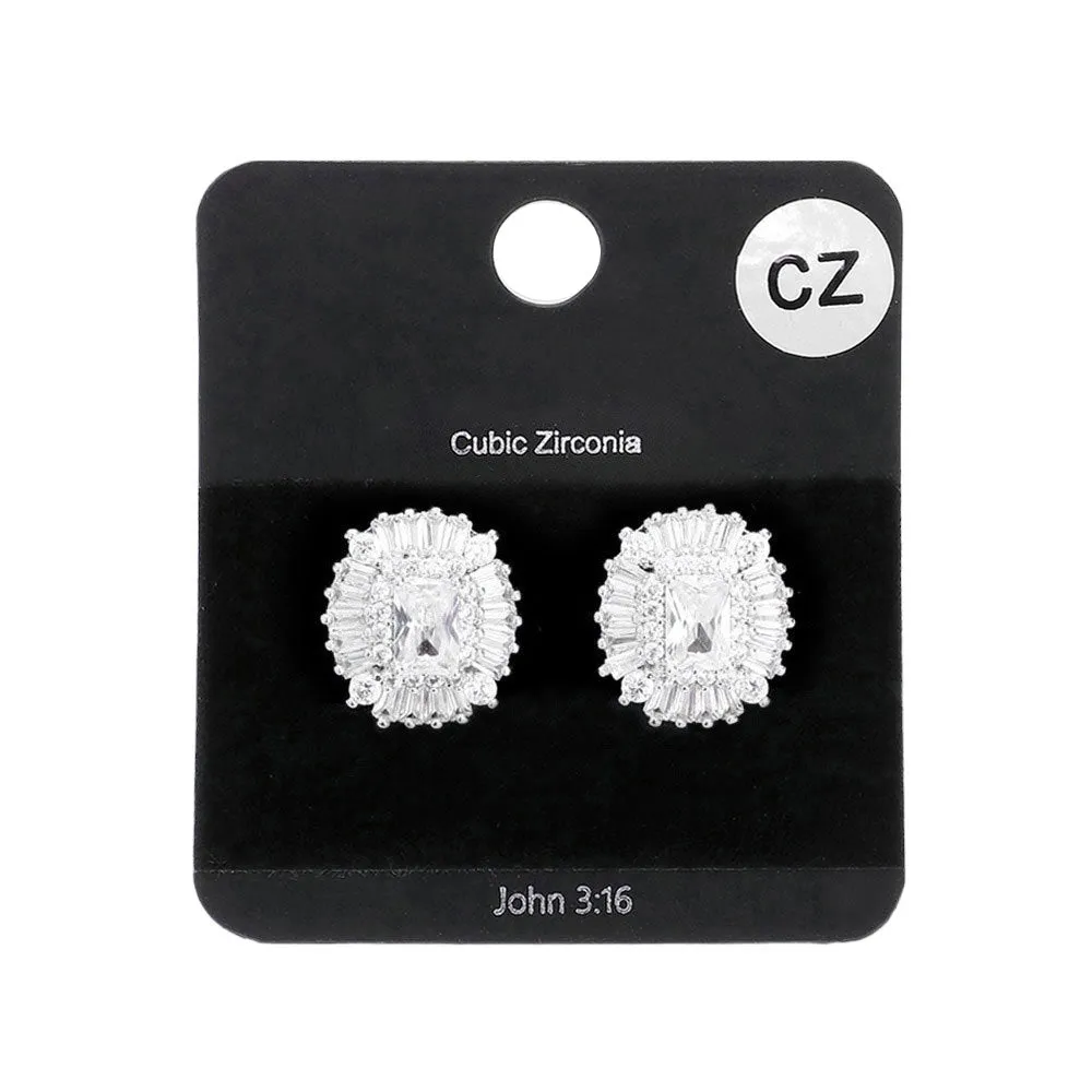 CZ Emerald Cut Stone Centered Evening Stud Earrings