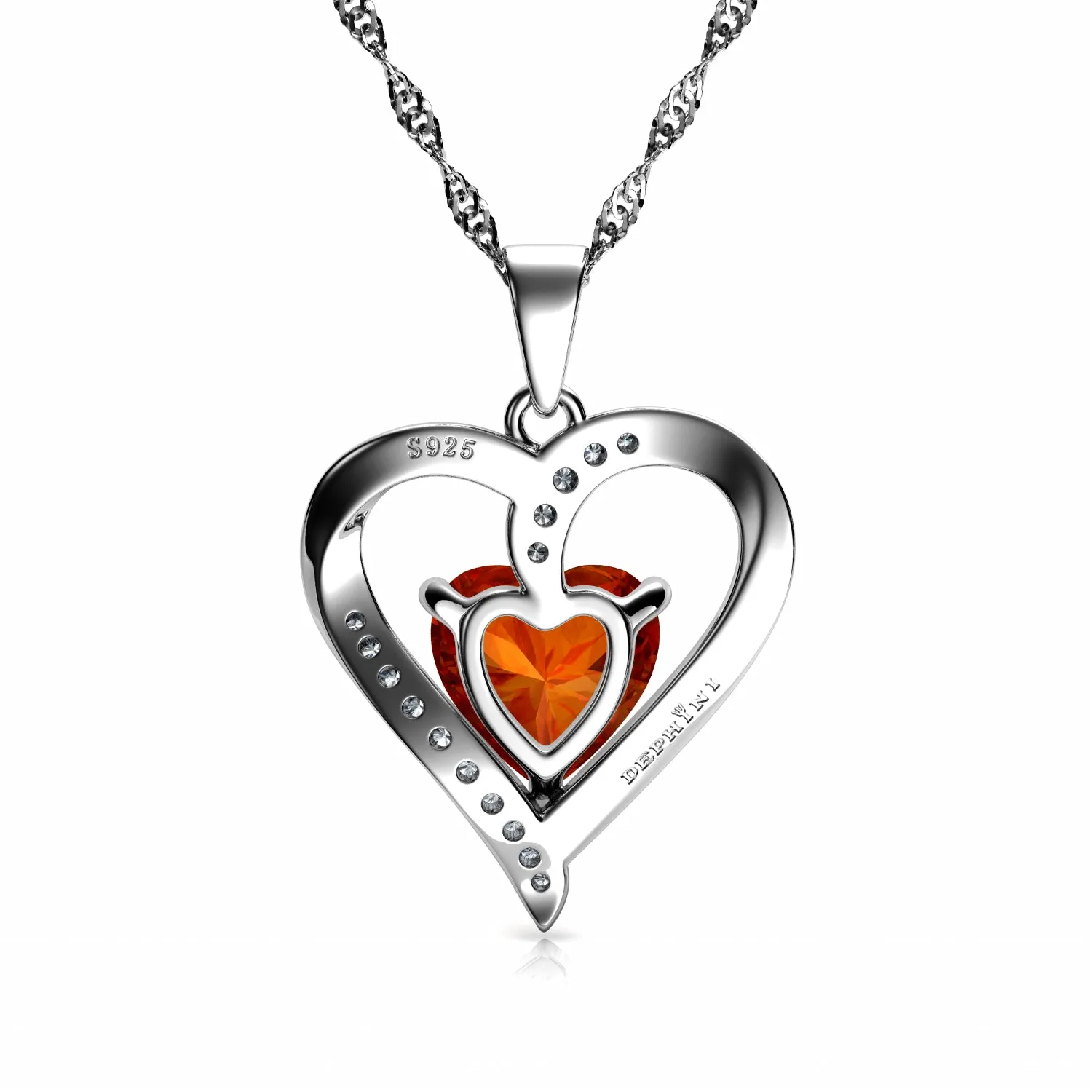 DEPHINI Orange Necklace - 925 Sterling Silver Heart Pendant CZ Crystal