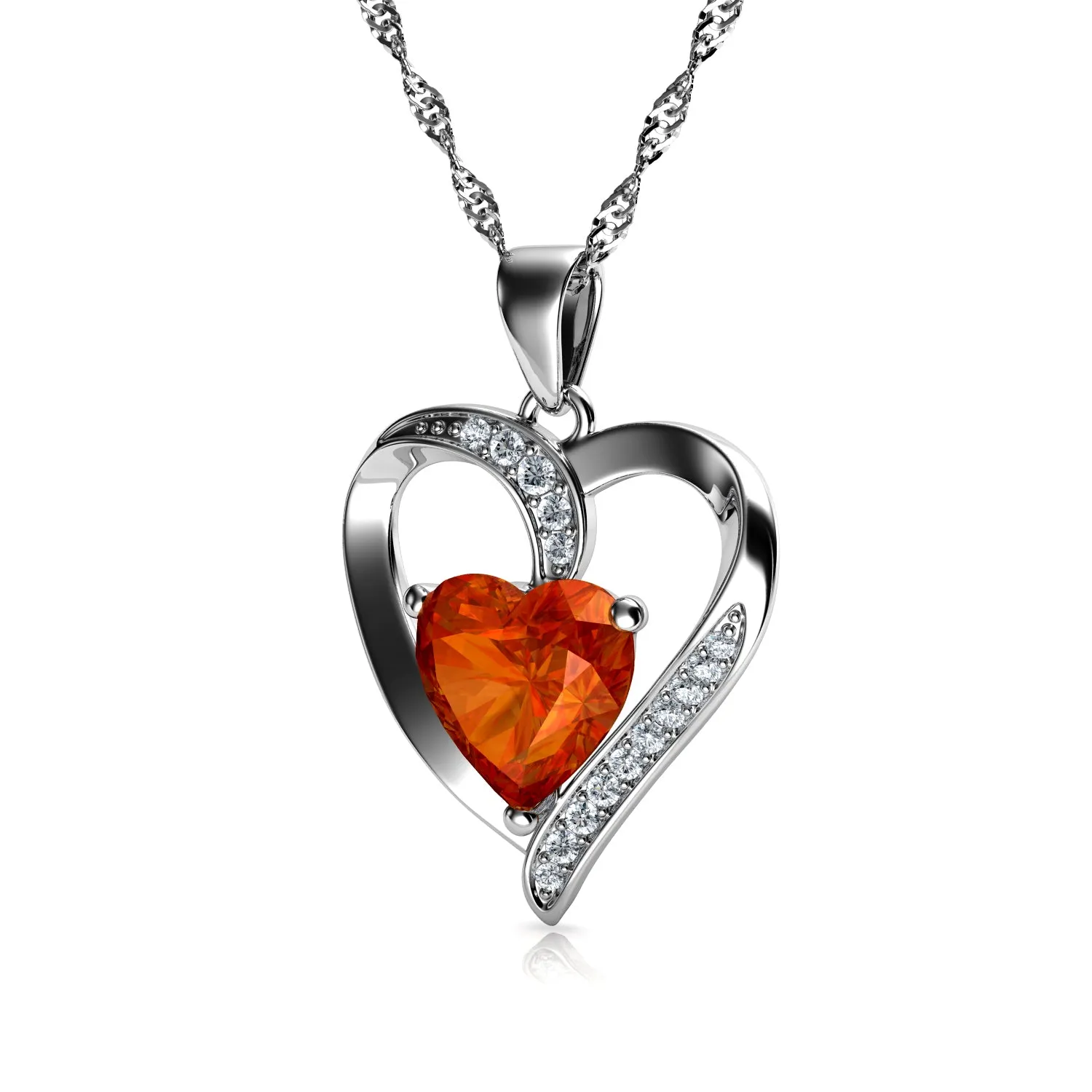 DEPHINI Orange Necklace - 925 Sterling Silver Heart Pendant CZ Crystal