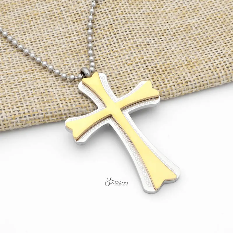 Double Layer Cross Pendant with Greek Key Pattern - Gold