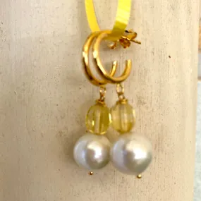 Edison White Pearls and Citrine Hoop Earrings, Gold Vermeil Plated Silver