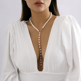 Elevate Your Style with this Simple and Elegant Imitation Pearl Y-Shaped Necklace with Tassel for Women and Girls