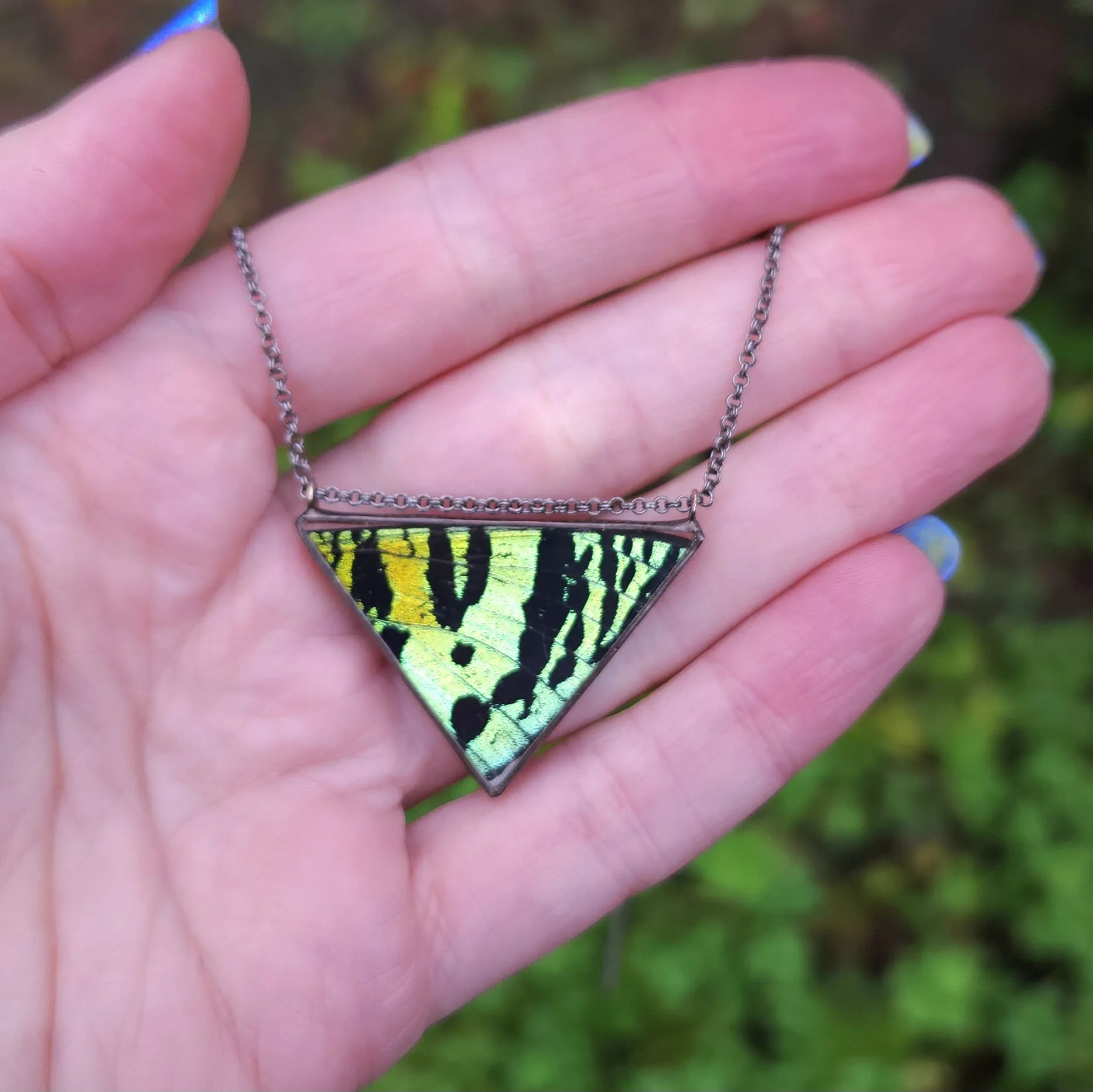 Emerald Teal Moth Wing Trine Necklace