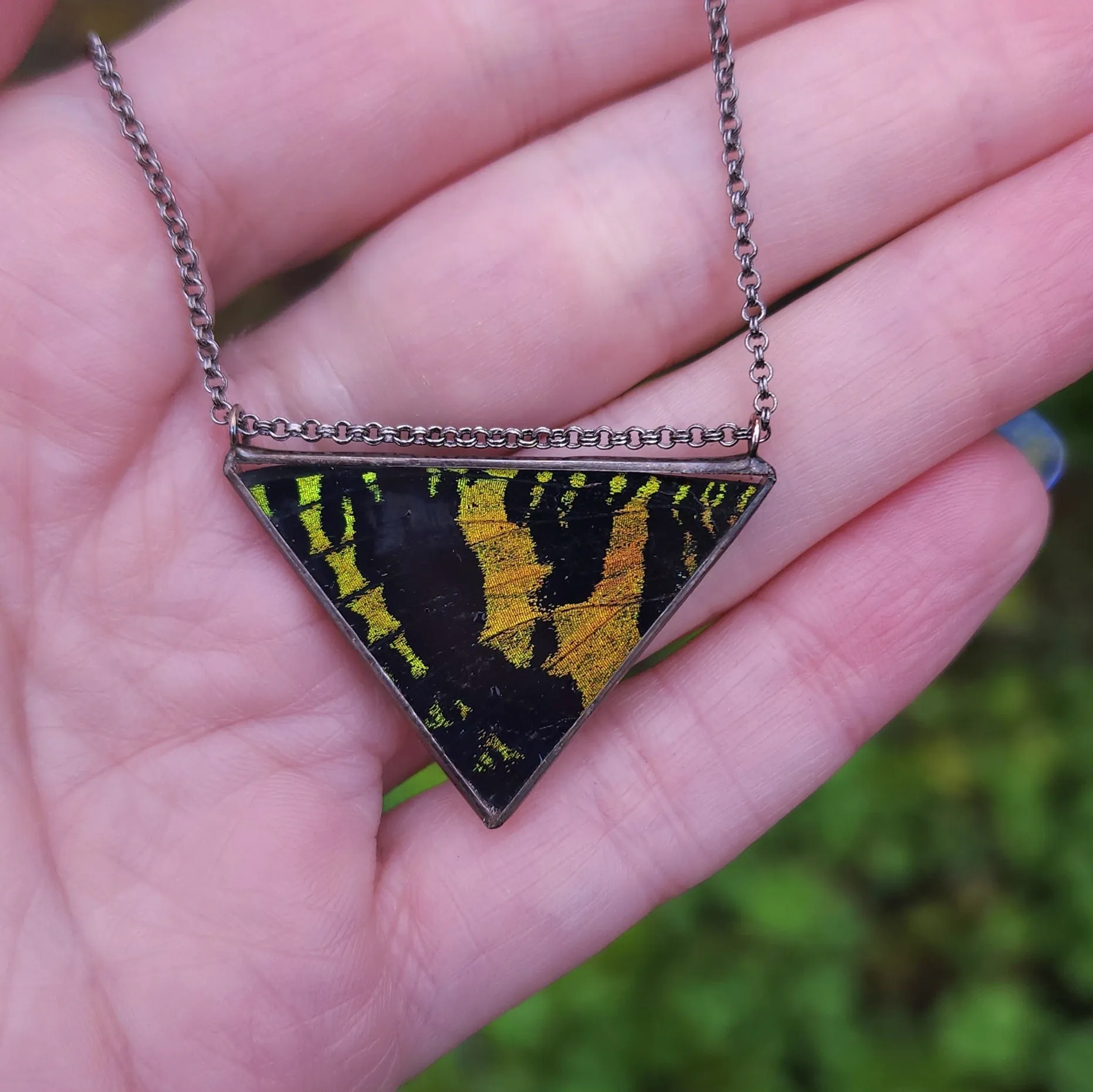 Emerald Teal Moth Wing Trine Necklace