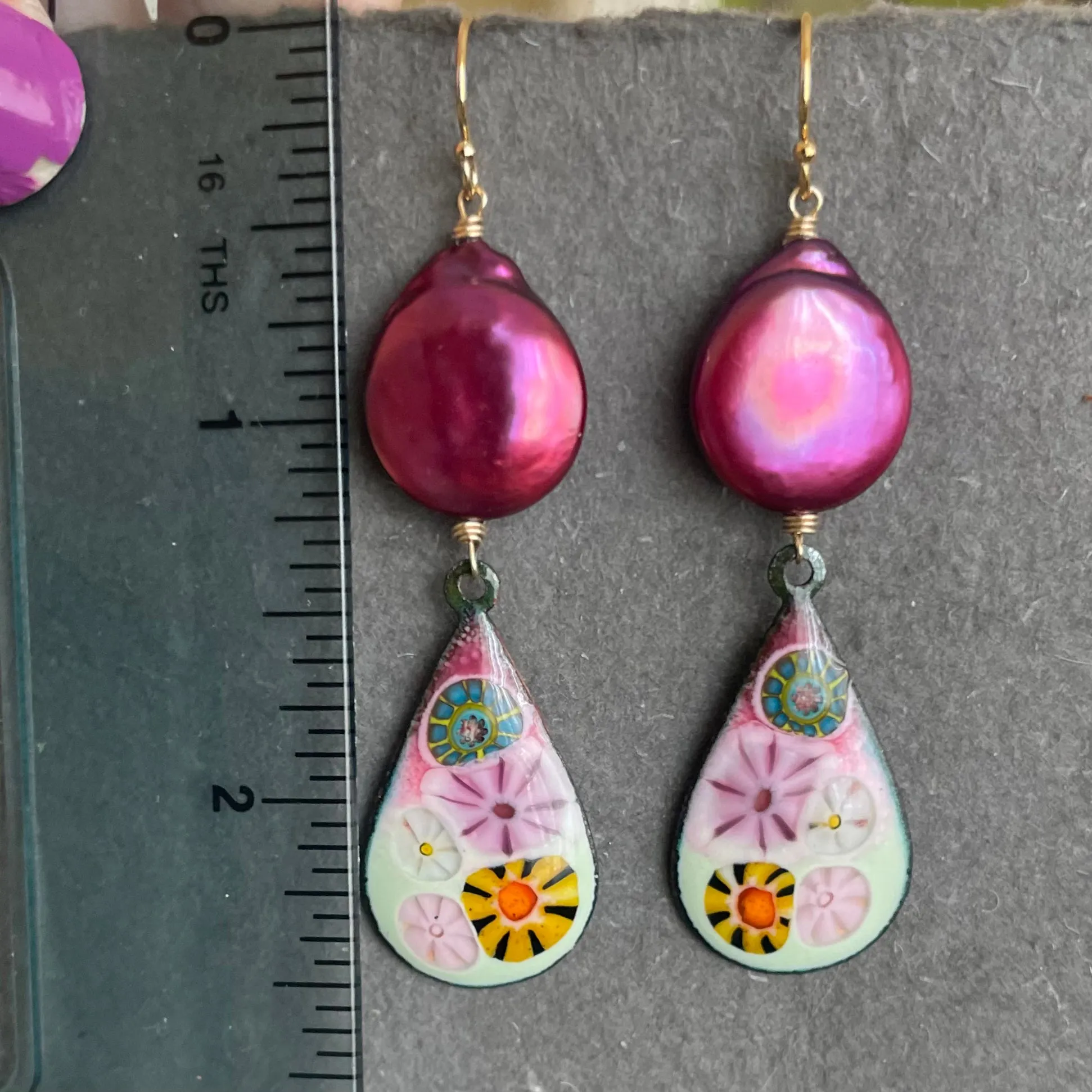 Enamel Millefiori Dangles with Plum Pearls, OOAK