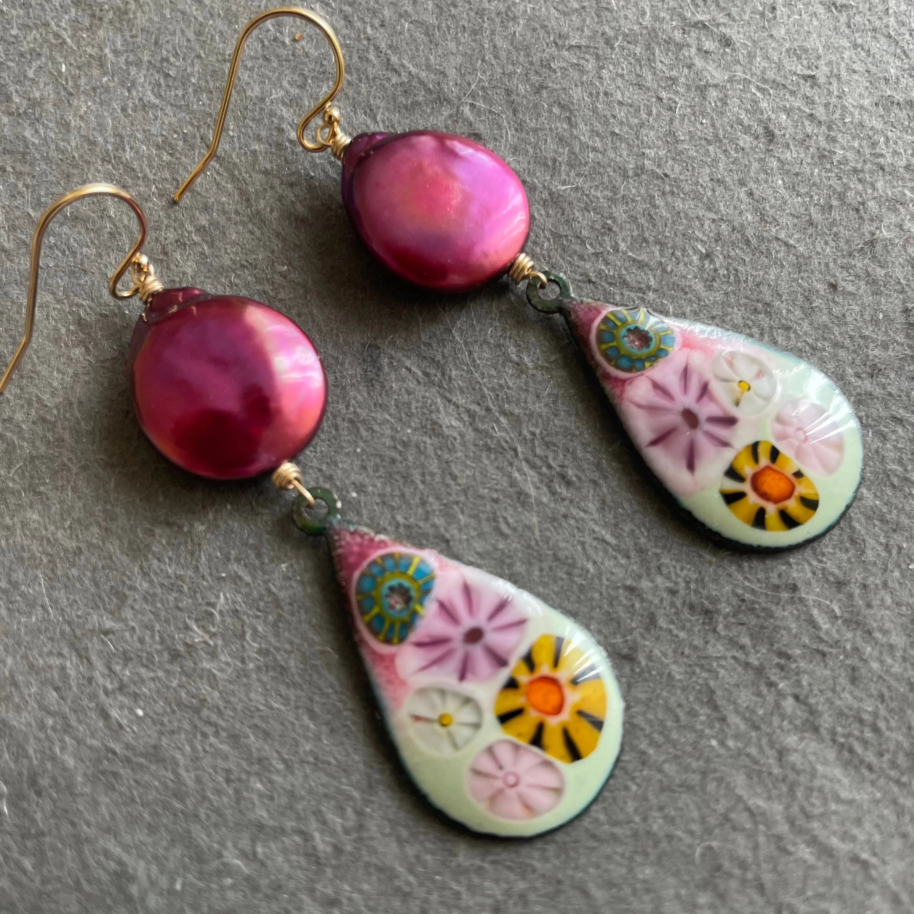 Enamel Millefiori Dangles with Plum Pearls, OOAK