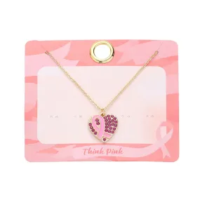 Enamel Pink Ribbon Rhinestone Heart Pendant Necklace