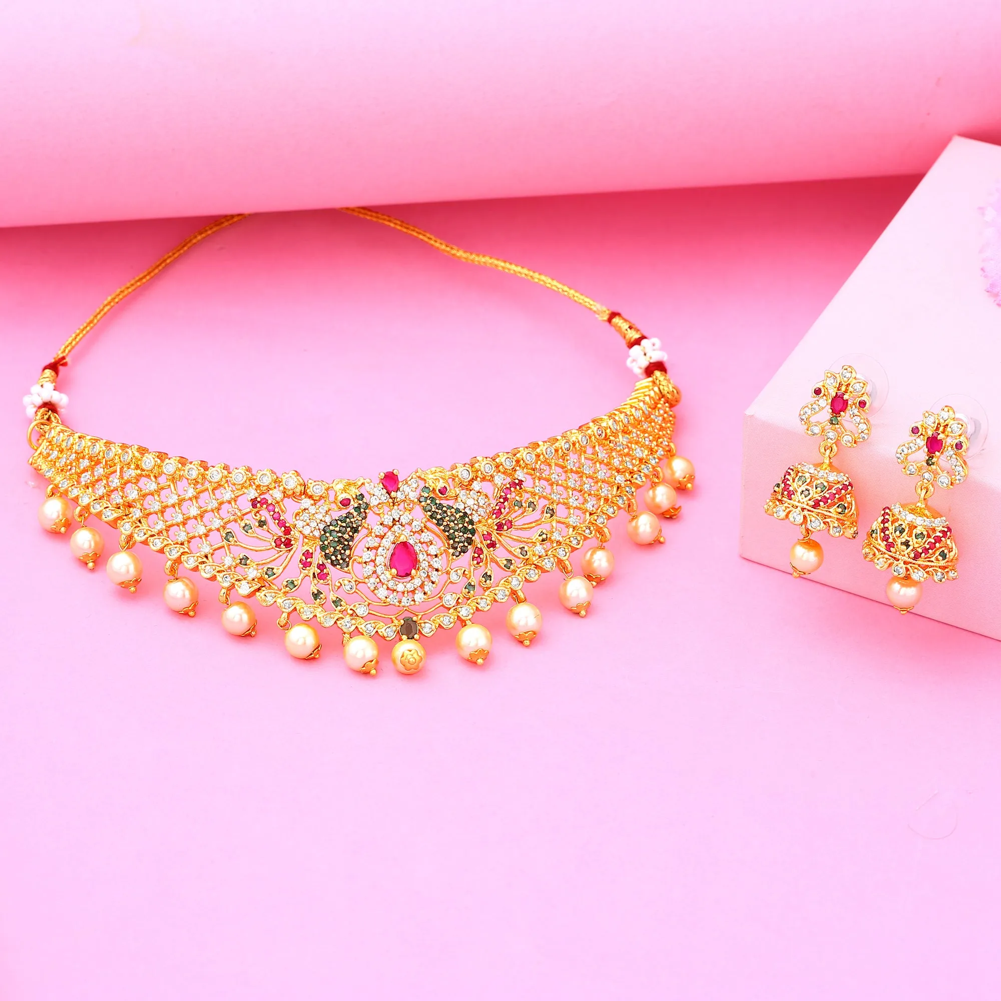 Estele Gold Plated CZ Peacock Designer Bridal Choker Necklace Set with Colored Stones & Pearls