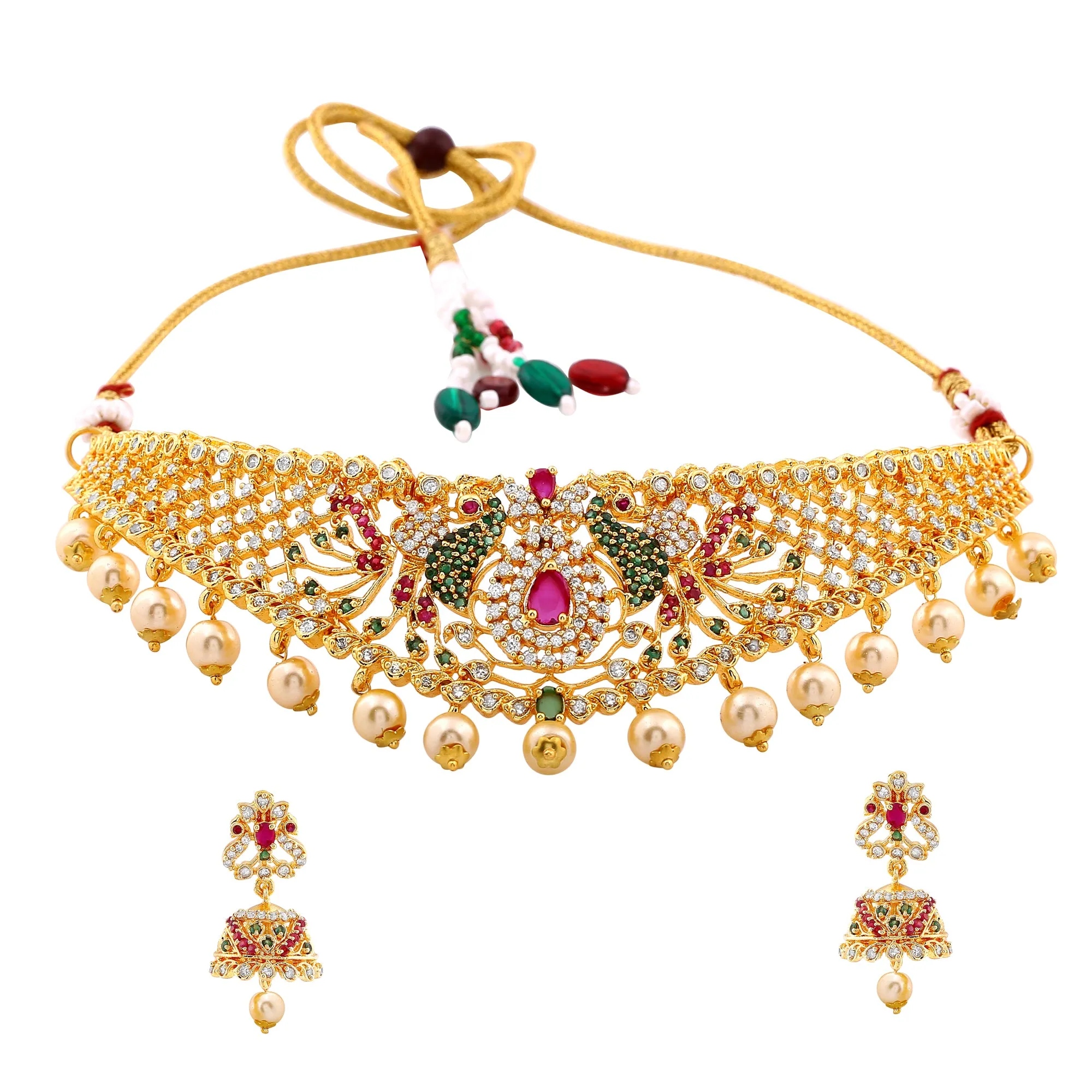 Estele Gold Plated CZ Peacock Designer Bridal Choker Necklace Set with Colored Stones & Pearls