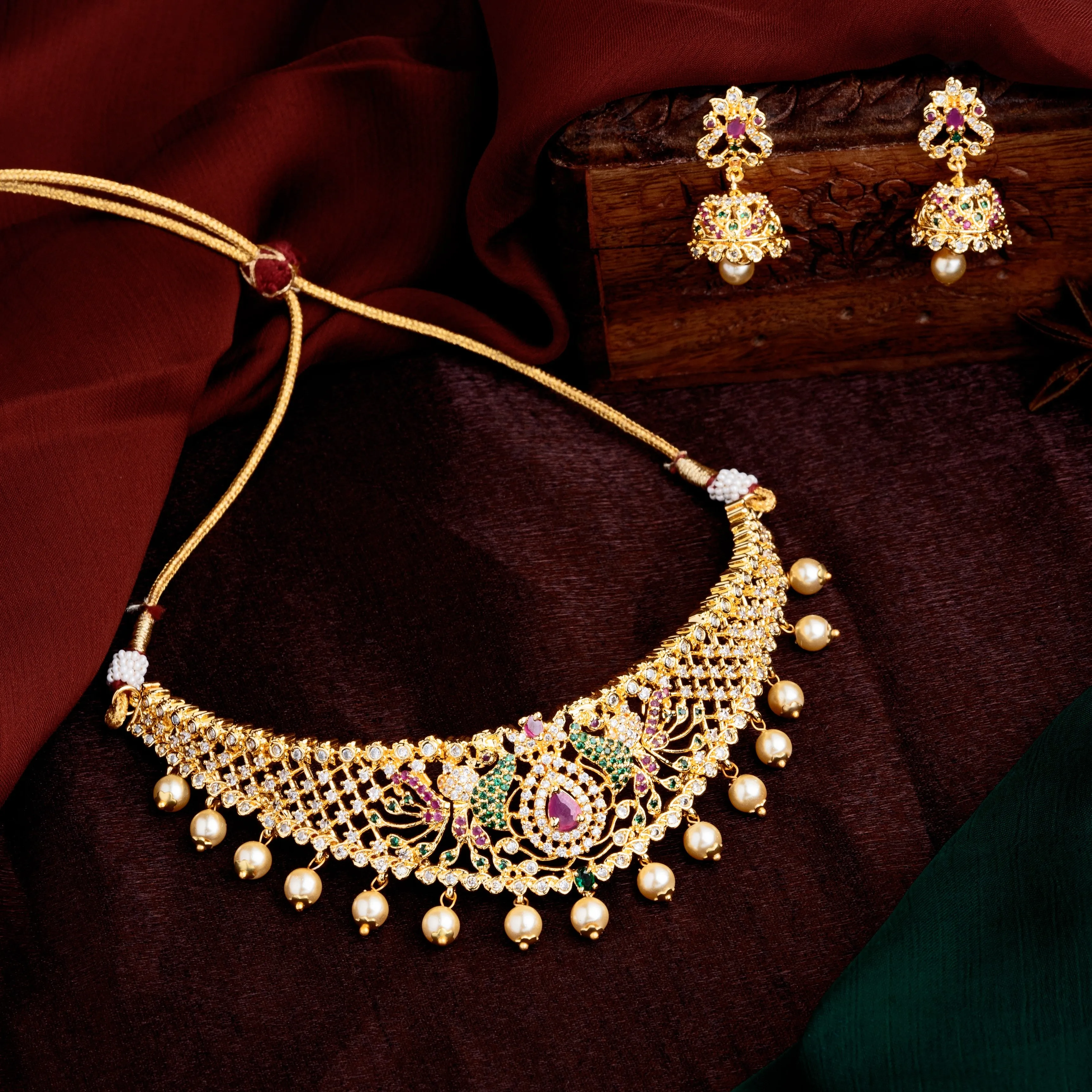 Estele Gold Plated CZ Peacock Designer Bridal Choker Necklace Set with Colored Stones & Pearls