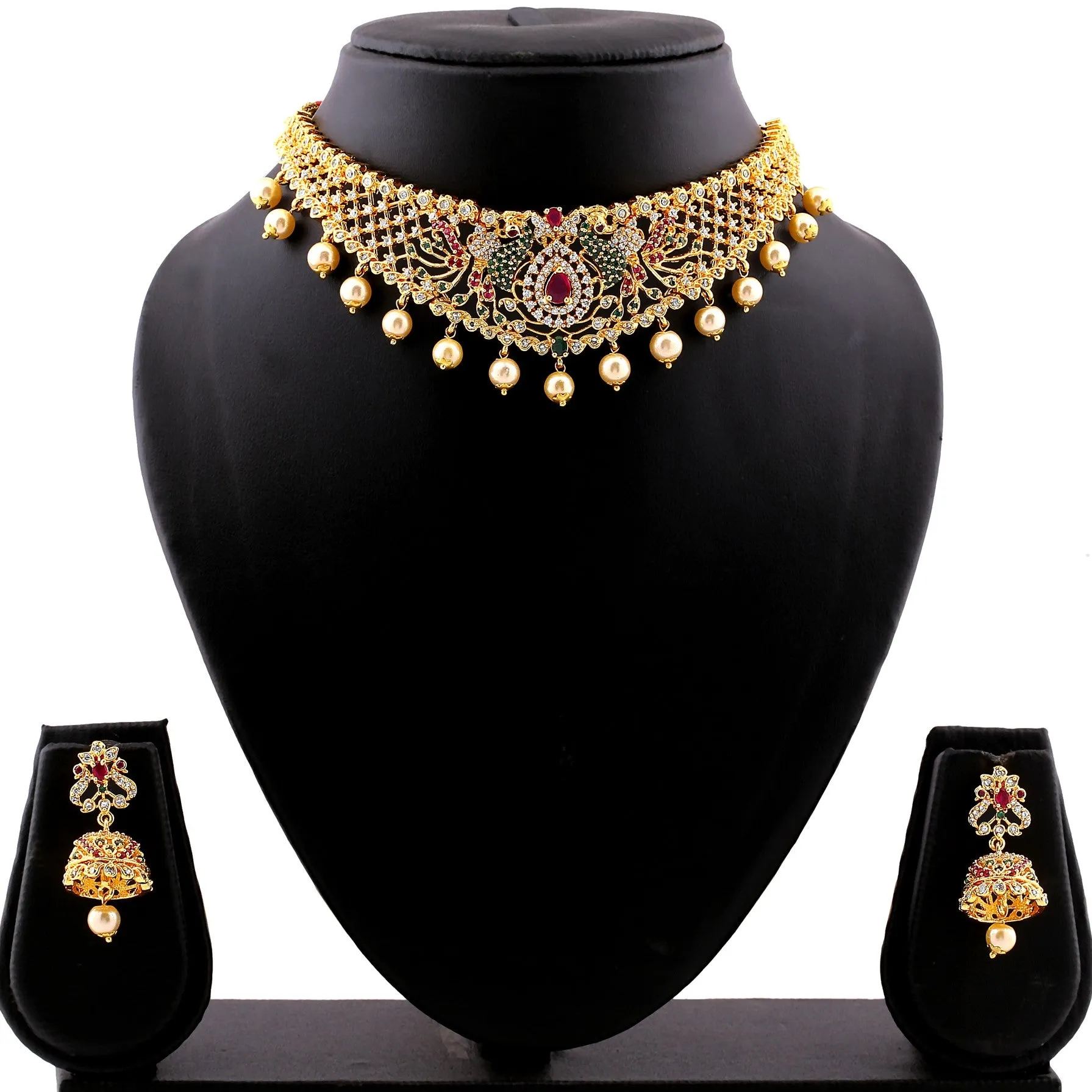 Estele Gold Plated CZ Peacock Designer Bridal Choker Necklace Set with Colored Stones & Pearls