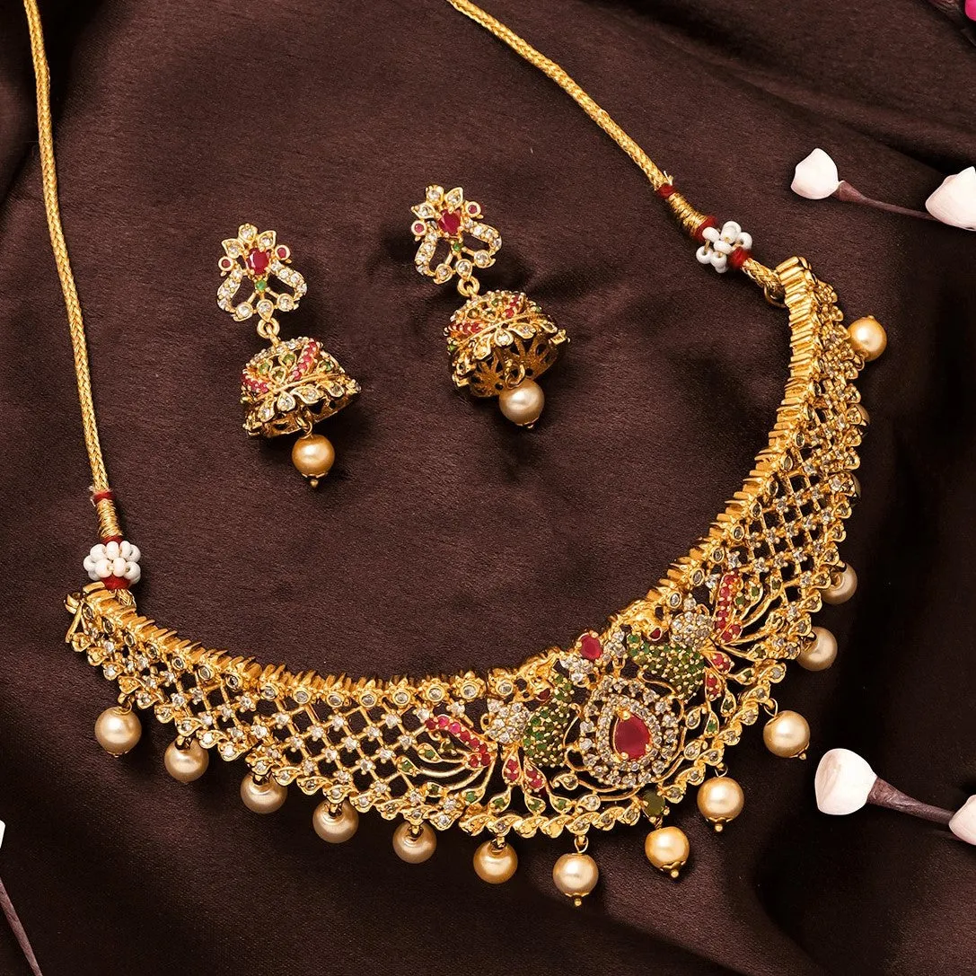 Estele Gold Plated CZ Peacock Designer Bridal Choker Necklace Set with Colored Stones & Pearls