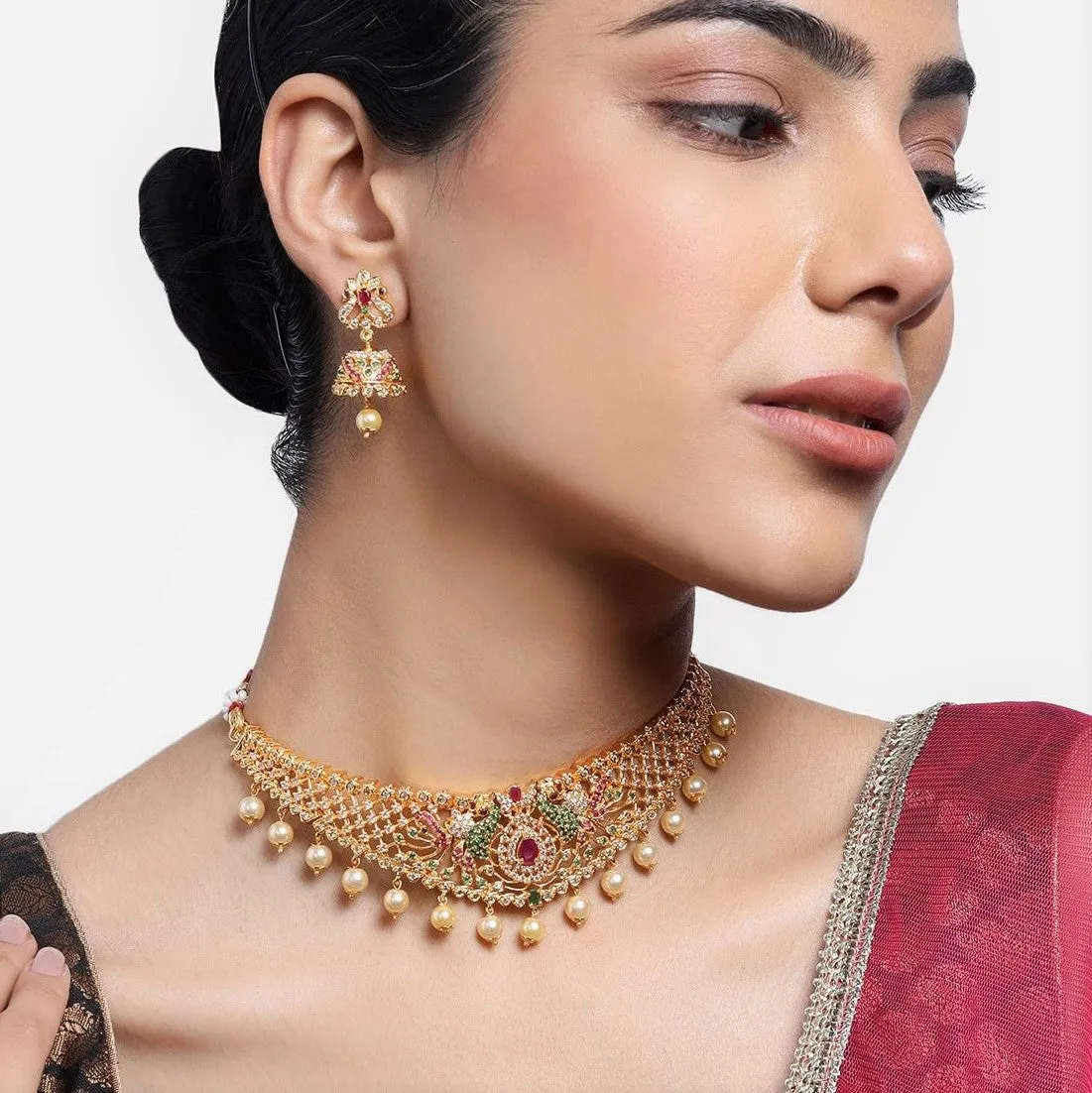 Estele Gold Plated CZ Peacock Designer Bridal Choker Necklace Set with Colored Stones & Pearls